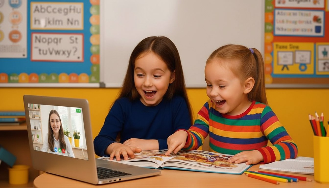 Дети смотрят мультфильм на английском